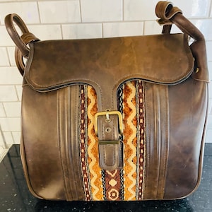 Vintage Brown Overnight bag with 1970&#39;s pattern  13&quot; x 15 1/2 x 8 1/2”