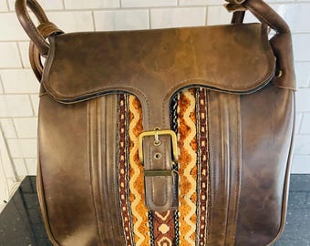 Vintage Brown Overnight bag with 1970&#39;s pattern  13&quot; x 15 1/2 x 8 1/2”