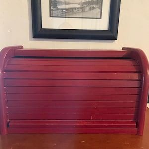 Vintage Red Pine, Wooden Bread Box with roll top/garage door retro kitchen 70&#39;s