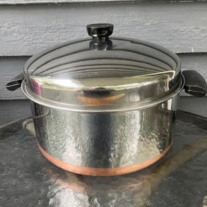 Vintage 4,5 liters dubbelringig kopparbotten Revere Ware holländsk ugn med kupollock