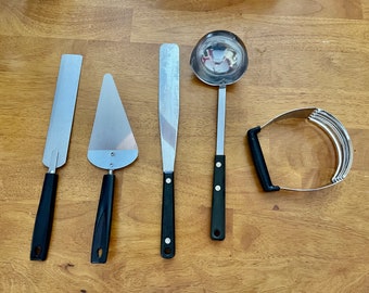 Ecko Kitchen Utensils ladle, Dough Beater, 2 size icing Spatula, Pie Server retro kitchen steel utensil