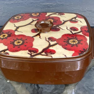 Vintage geïsoleerde braadpan uit de jaren 70 to-go warmer container bruin met rode bloemen