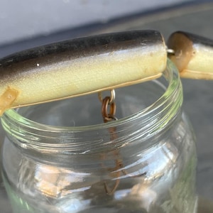 May include: A vintage fishing lure with a segmented body, featuring a black and cream color scheme. The lure has a yellow eye, red mouth, and a clear plastic lip. It is suspended above a glass jar, with a rusty hook.
