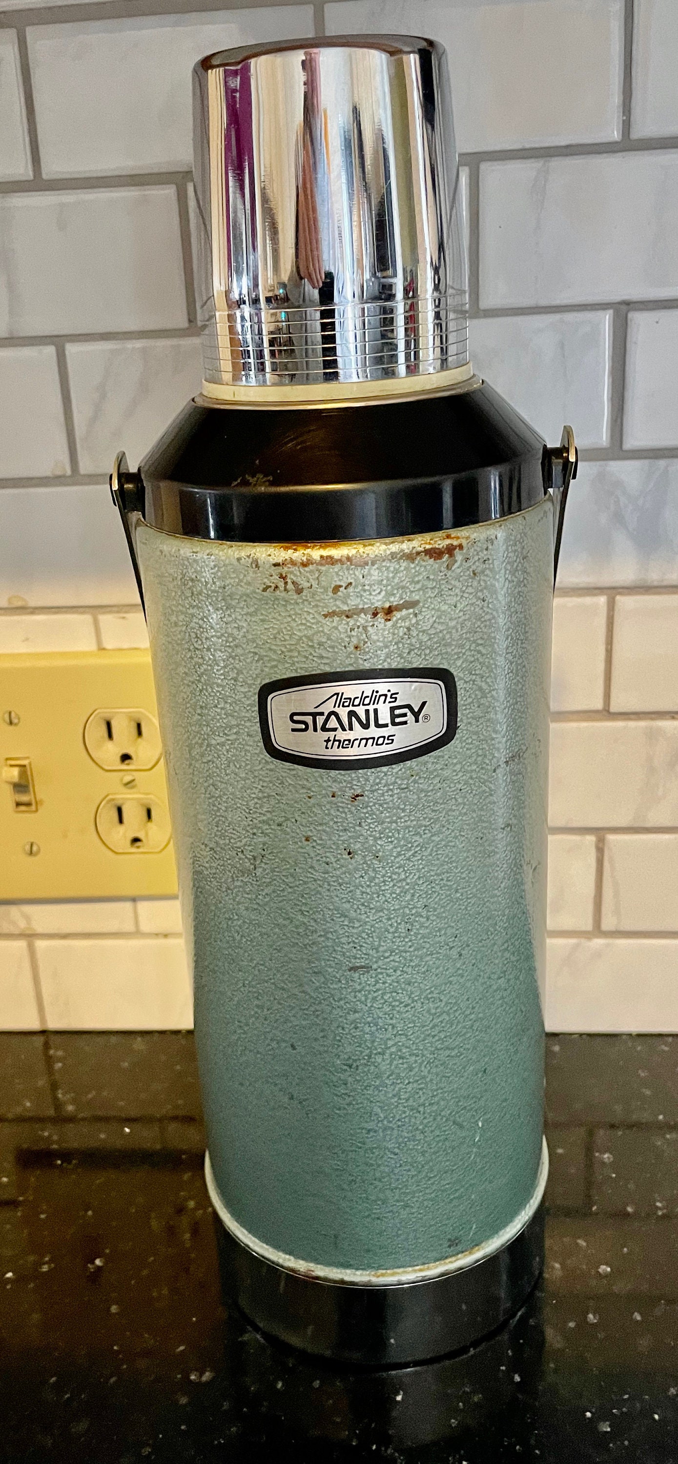 Vintage Stanley Aladdin Thermos, Metal Thermos, One Quart, Made in USA,  Glass Insulator, Rustic Distressed, 1970s 