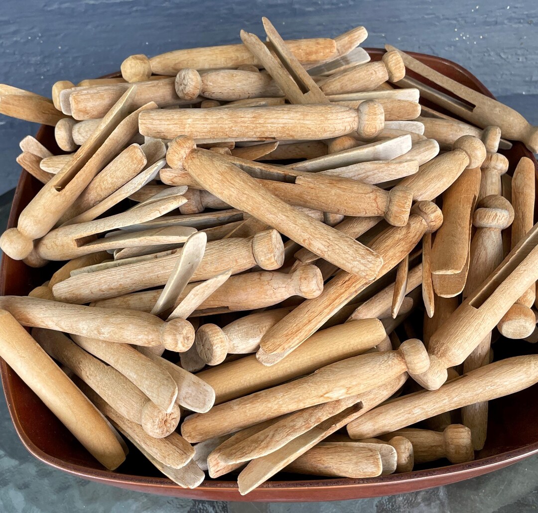 Vintage "lot of 12" Wood Clothes Pins/ Pegs, Push Wood Clothes Pins ...