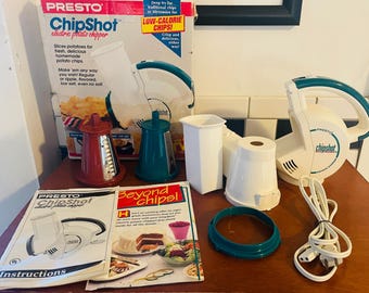 Affettatrice elettrica per patate Presto Chipshot, vintage anni '90, con scatola e libretto di istruzioni.