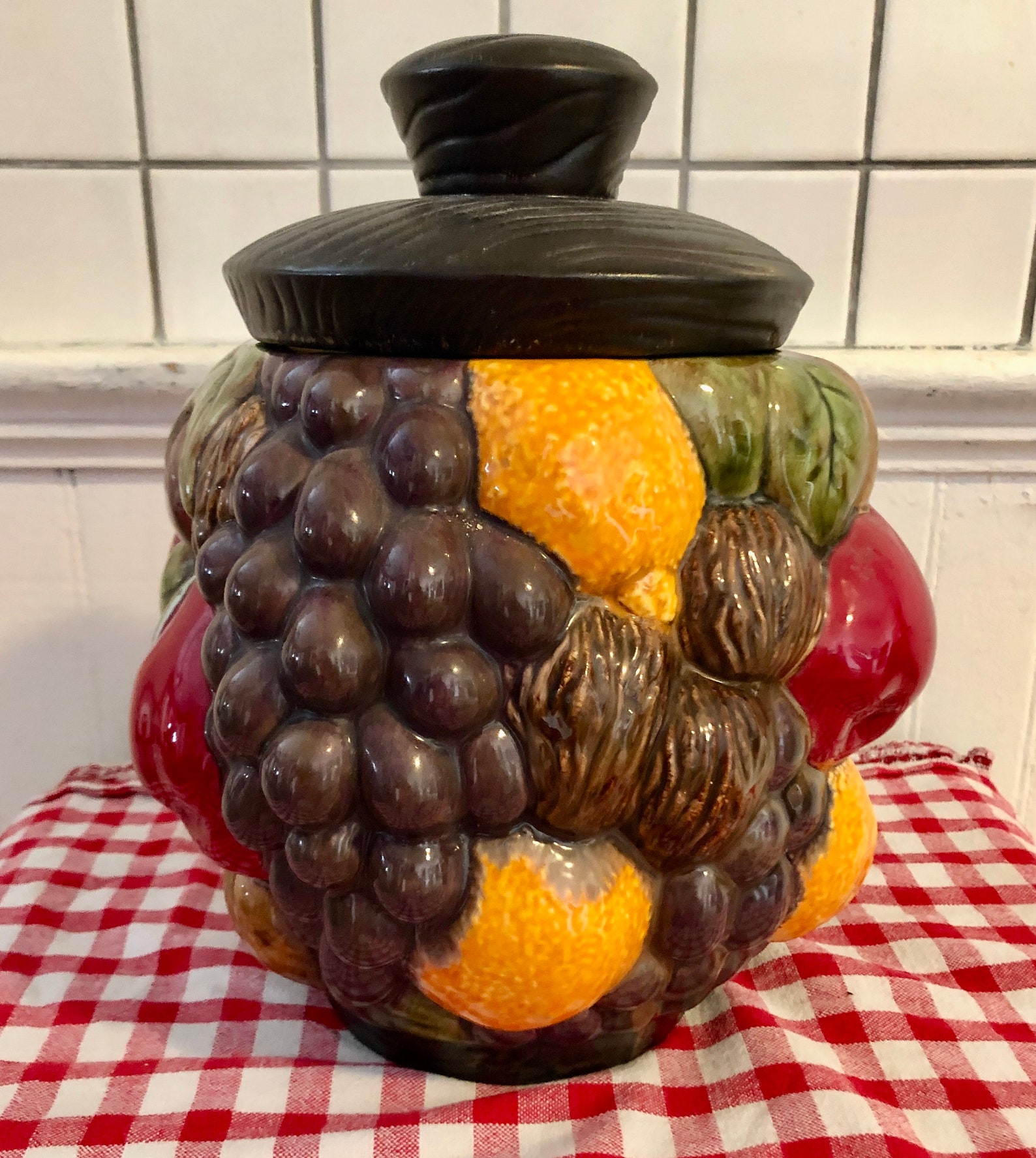 Vintage Fruit Cookie Jar & Lid Grape Orange Apple Nuts Etsy