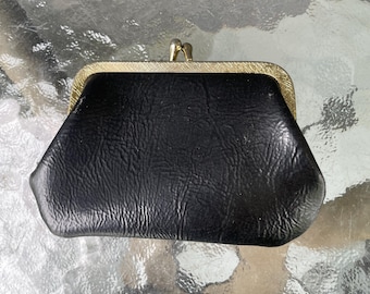 Vintage Black Leather Coin Purse with Kiss lock 4" x 2 1/2"