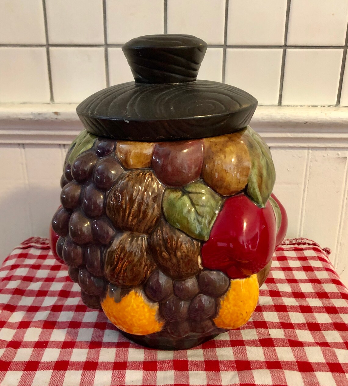 Vintage Fruit Cookie Jar & Lid Grape Orange Apple Nuts Etsy UK