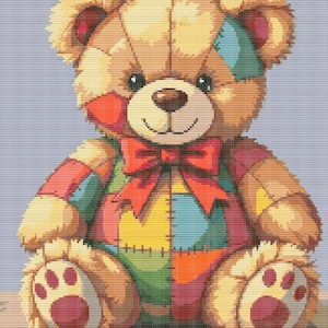 May include: A patchwork teddy bear in a sitting position. The bear has a brown nose, black eyes, and a red bow tie. Its body is made of various coloured patches, including red, blue, green, and yellow. The bear's paws are forward.