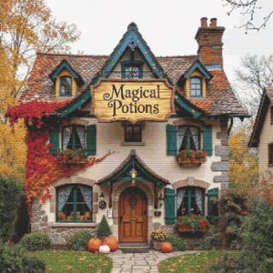 Magical Potion House Cross Stitch Pattern | Fantasy Witch Cottage Embroidery Chart (PDF Download)
