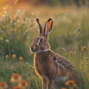 May include: A brown hare with long ears and a white collar sits in a field of green grass and yellow flowers. The hare is illuminated by the golden light of the setting sun, creating a warm and inviting scene.