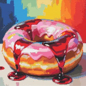 May include: A colorful, pixelated image of a donut with pink frosting and red glaze dripping down the sides. The donut sits on a white surface against a vibrant rainbow background, creating a visually appealing contrast.