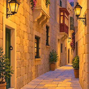 May include: A narrow stone alleyway at sunset featuring beige limestone walls, dark green doors, and a red wooden balcony. Black metal lanterns are mounted on the walls, illuminating the path. Potted green shrubs sit along the cobblestone ground.