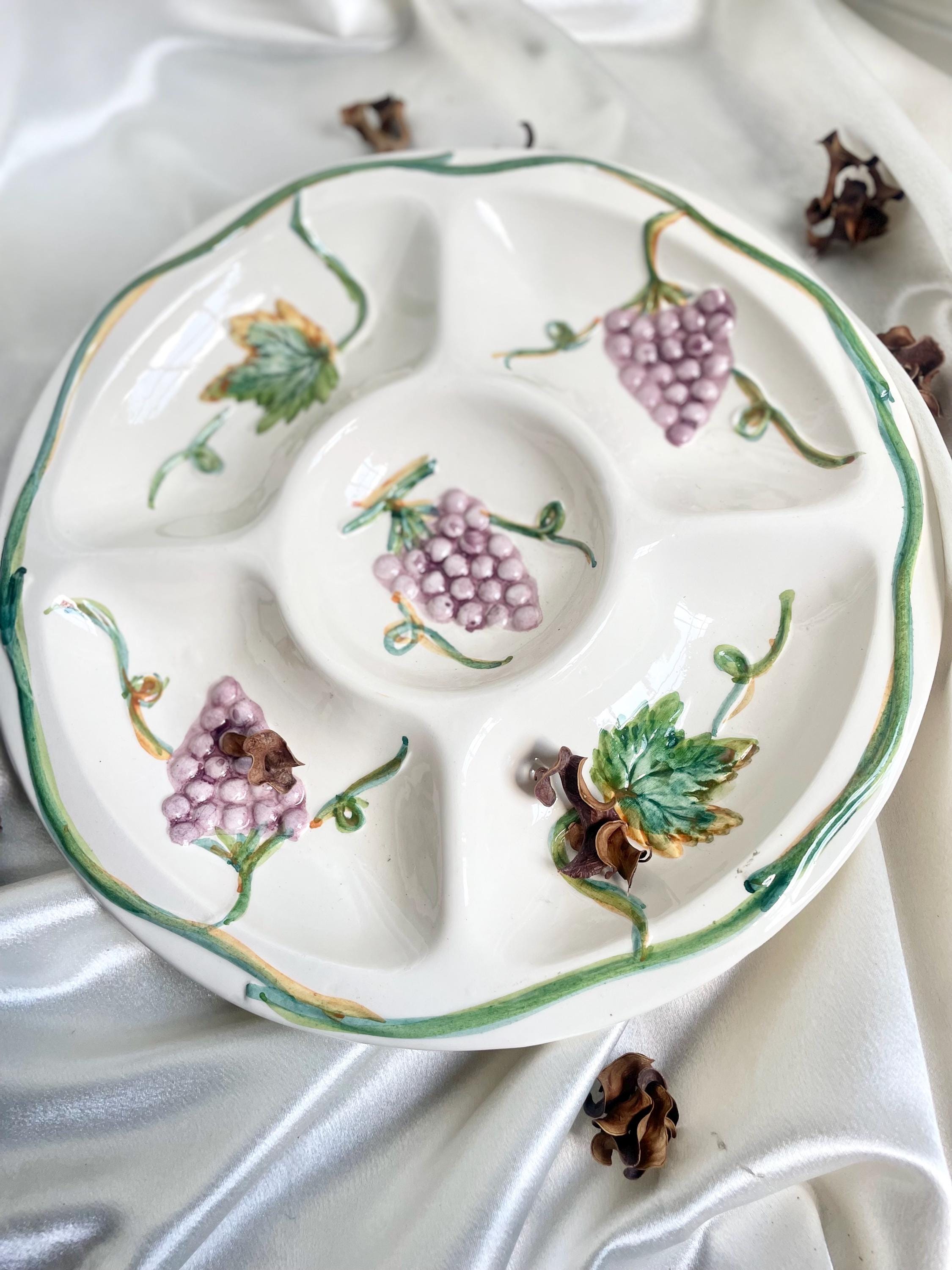 Vintage - Bol Passoire Et Assiette à Cerise En Barbotine, Liseré Vert, Céramique