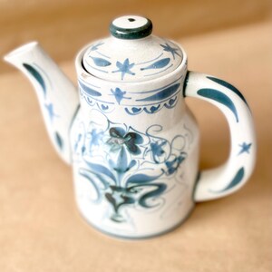 Vintage Hand-Painted French Faience Teapot · Blue Green Floral Motifs · Attributed to Keraluc Quimper Brittany Pottery