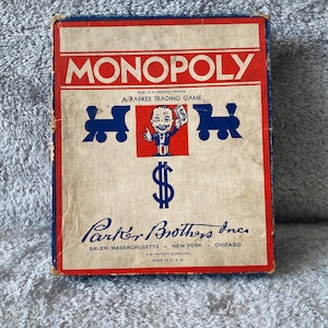 1936 Monopoly Board Game Pieces in Blue Box