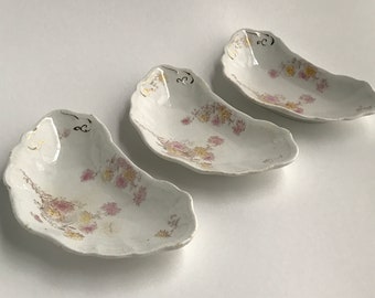 Set of 3 Antique Floral Bone Dishes