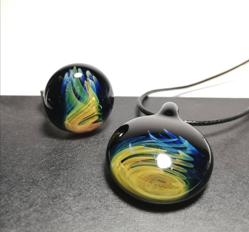 glass ring and pendant Woman adornment multicolored implosion