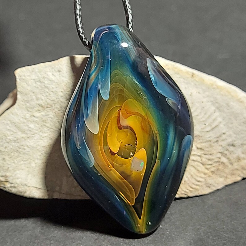 Unisex glass pendant blown multicolored implosion and opal
