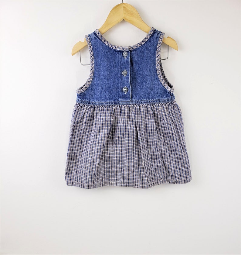Children Girls Kids 24 Blue Jean Denim with Plaid /& Flower Cherry OshKosh B/'Gosh Dress Vintage 90s Overall Jumper