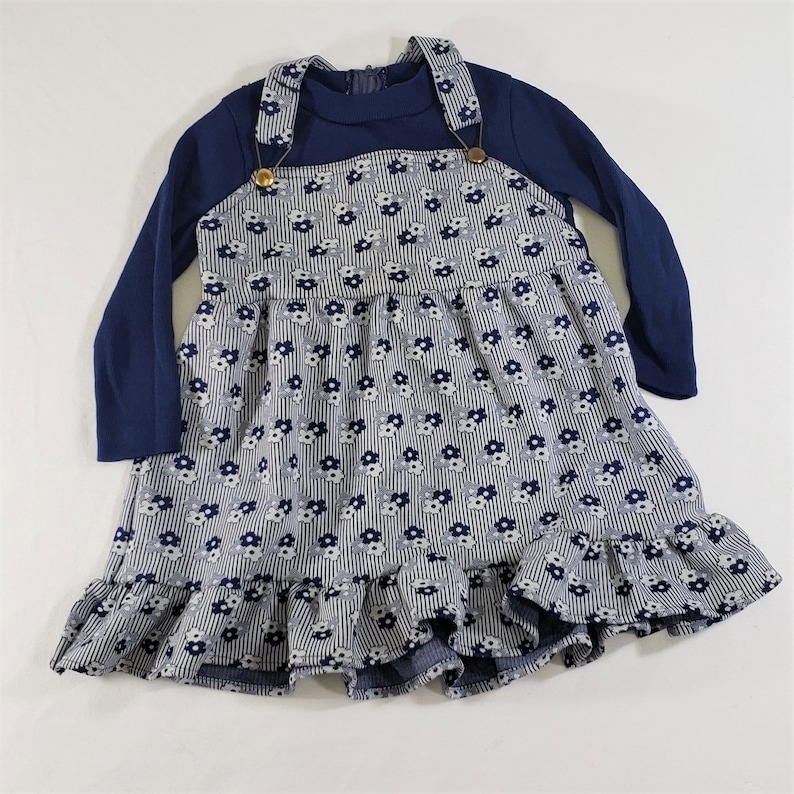Vintage Overall Jumper Strapped Dress 3T Children Toddlers Kids Girls 5 - Navy Blue Striped Flower Floral Fooler Long Sleeve Dress