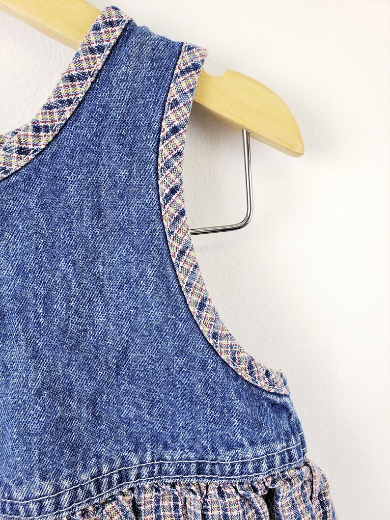 Children Girls Kids 24 Blue Jean Denim with Plaid /& Flower Cherry OshKosh B/'Gosh Dress Vintage 90s Overall Jumper