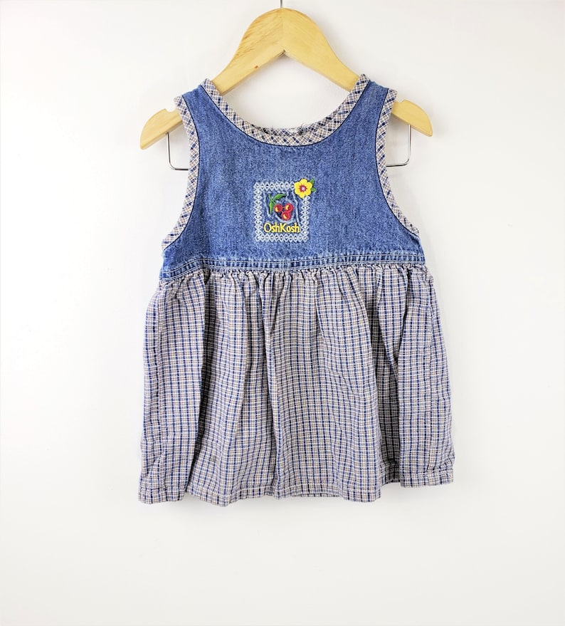 Children Girls Kids 24 Blue Jean Denim with Plaid /& Flower Cherry OshKosh B/'Gosh Dress Vintage 90s Overall Jumper