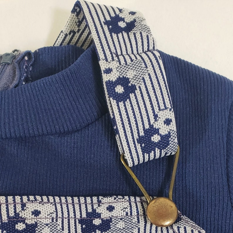 Vintage Overall Jumper Strapped Dress 3T Children Toddlers Kids Girls 5 - Navy Blue Striped Flower Floral Fooler Long Sleeve Dress
