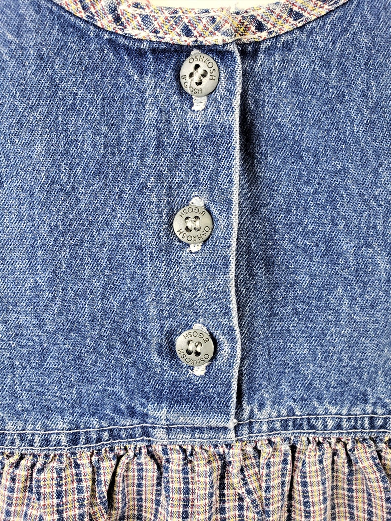 Children Girls Kids 24 Blue Jean Denim with Plaid /& Flower Cherry OshKosh B/'Gosh Dress Vintage 90s Overall Jumper
