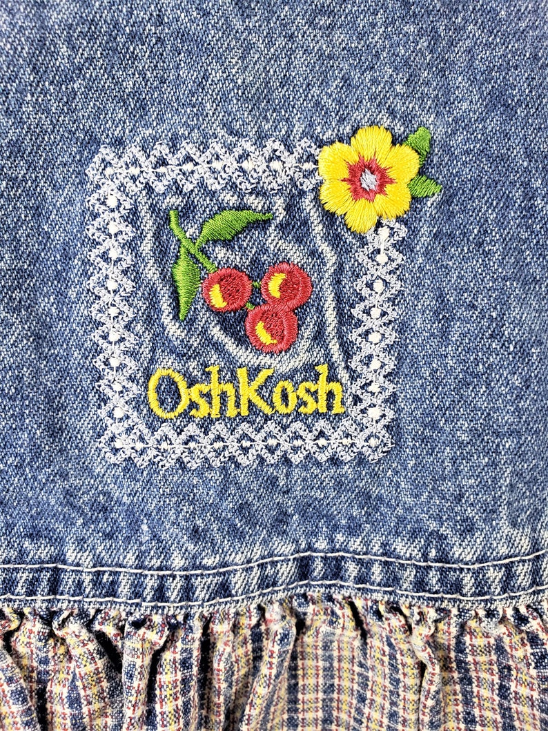 Children Girls Kids 24 Blue Jean Denim with Plaid /& Flower Cherry OshKosh B/'Gosh Dress Vintage 90s Overall Jumper