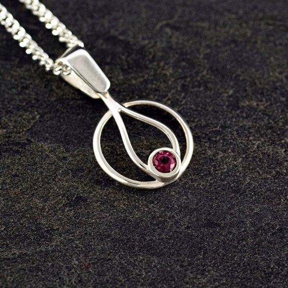 FLAMA Pendant 925 Sterling Silver with faceted synthetic ruby stone. Silver chain 45 cm.