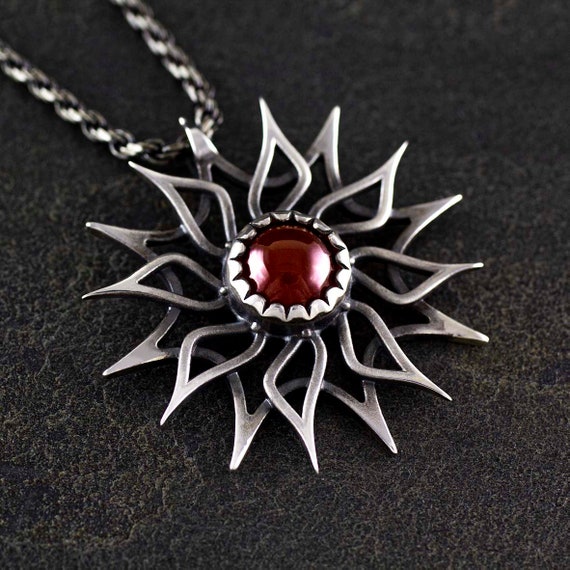 SUN Pendant Sterling Silver 925 with NATURAL stone. Sterling silver chain 50 cm.