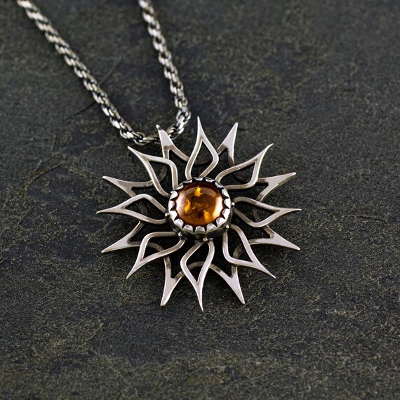 SUN Pendant Sterling Silver 925 with NATURAL stone. Sterling silver chain 50 cm.
