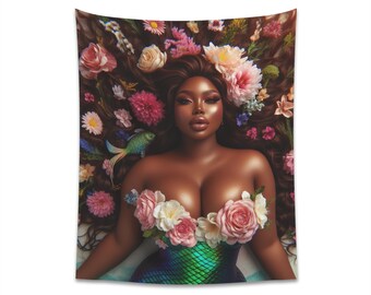 Wall Art Large 50x60 African American Mermaid Wall Tapestry Wall Decor Mermaid Wall  Mermaid Art Wall Art Curvy Girl Gift Black Women Art