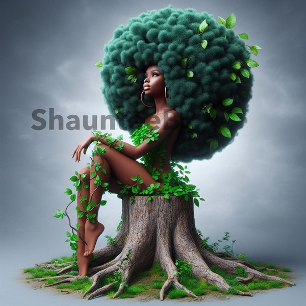 Digital Wall Art Green Nature Goddess African American Poster Nature Print Wall Art Black Women Art  Black Woman Art Poster Earth Goddess