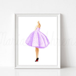 Purple dress fashion illustration displayed in a white picture frame on a white background.