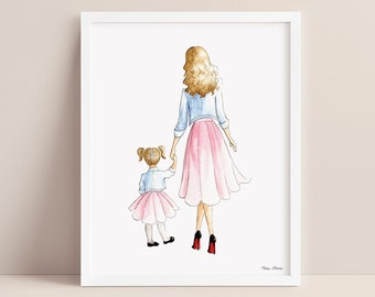 Mother Daughter Watercolor Art Print with customizable hair and skin tones