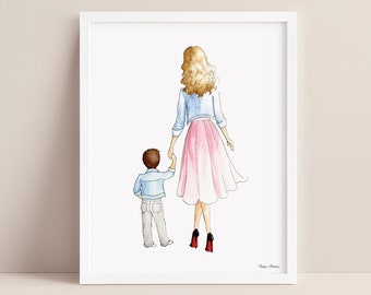 Mother Son Watercolor Art Print with customizable hair and skin tones
