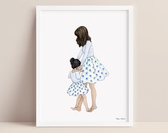 Mother Daughter Art Print - custom hair and skin tones