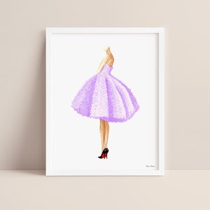 Purple dress fashion illustration print displayed in a white picture frame on a neutral background.