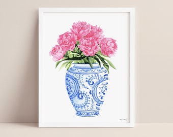 Ginger Jar Peonies Watercolor Art Print