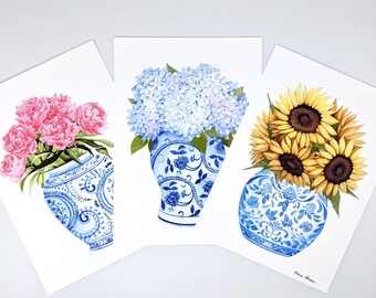 Ginger Jar Watercolor Art Print Set with Peonies, Hydrangeas and Sunflowers