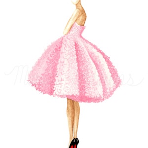 Image of a ruffled pink dress watercolor fashion illustration by artist Maria Ahrens.