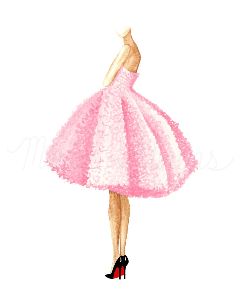 Image of a ruffled pink dress watercolor fashion illustration by artist Maria Ahrens.