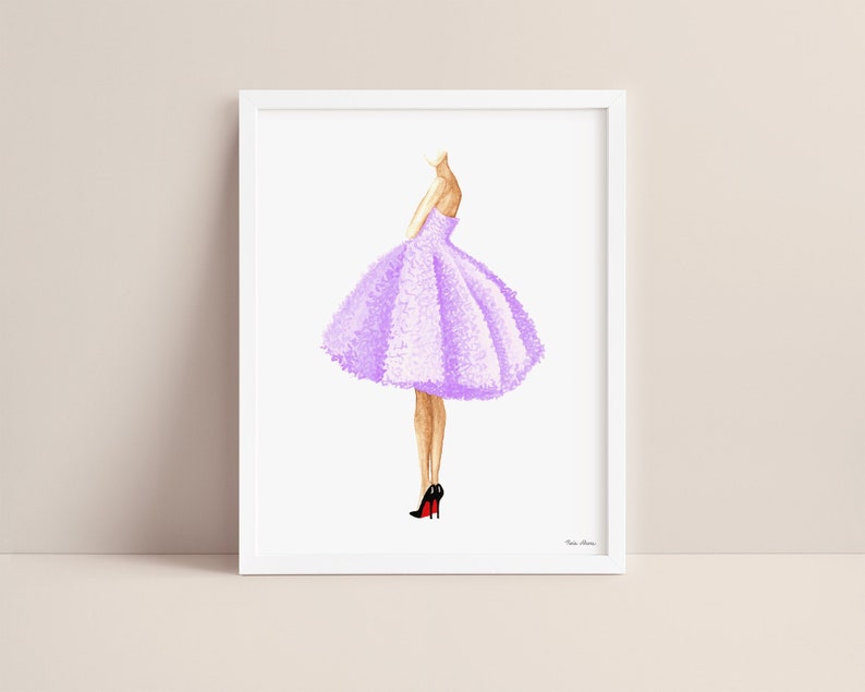 Purple dress fashion illustration print displayed in a white picture frame on a neutral background.