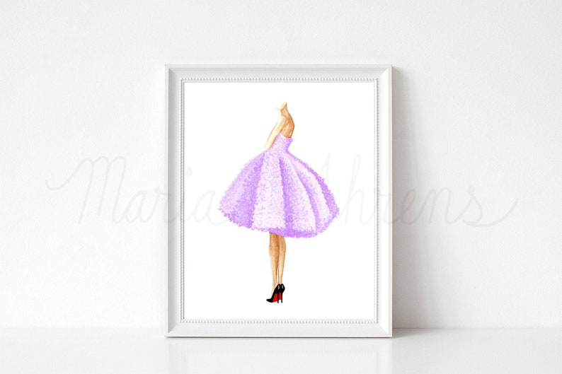 Purple dress fashion illustration displayed in a white picture frame on a white background.