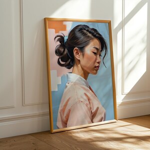 Poster con ritratto nordico – Arte minimalista per la parete del soggiorno – Palette di colori pastello di rosa, blu e arancione