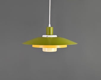 Vintage Deense moderne hanglamp, groen en geel, Scandinavisch halverwege de eeuw