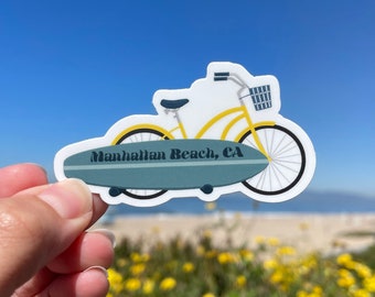 Manhattan Beach Bike Surfboard Sticker - Waterproof and Dishwasher Safe